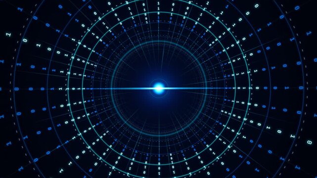 Digital futuristic tunnel with glowing blue light and binary code in concentric circles against a dark background