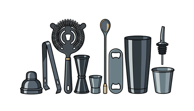 Professional bartender bar tools vector illustration set featuring cocktail shaker hawthorne strainer jigger tongs and spoon isolated on white background