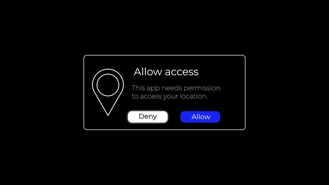 location permission request popup with allow and deny buttons app access notification motion graphics animation.