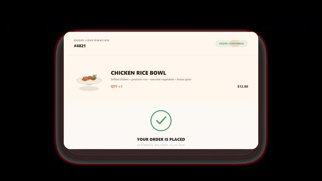 A premium food delivery confirmation UI animation featuring a food order card, animated confirmation ring, hand-drawn success checkmark, delivery status, and a polished order-placed payoff.