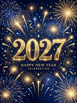 Happy new year 2027 celebration with colorful fireworks and golden sparkles