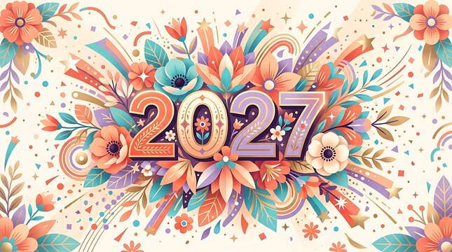 Colorful floral design with 2027 year number illustration
