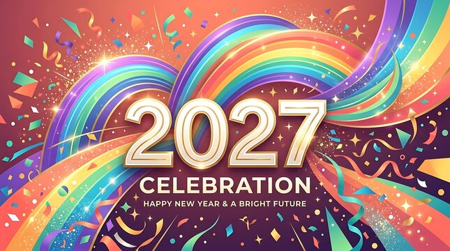Colorful 2027 celebration design with fireworks and confetti for happy new year