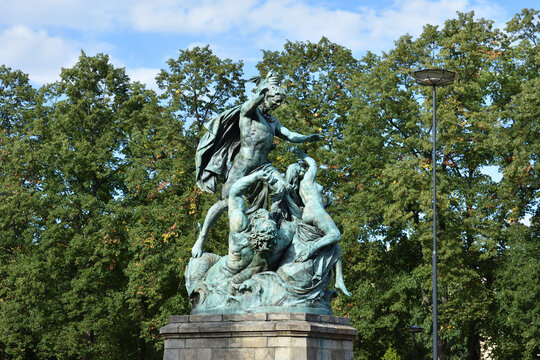 Perseus Freeing Andromeda (Perseus Release Of Andromeda) statue at Poznan Palm House Botanical garden, Poland, local landmark