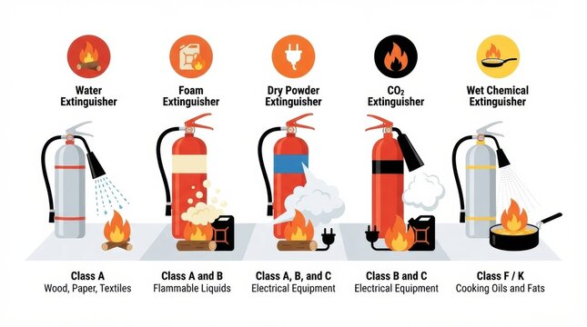 This displays various fire extinguishers and their uses for different fire types.