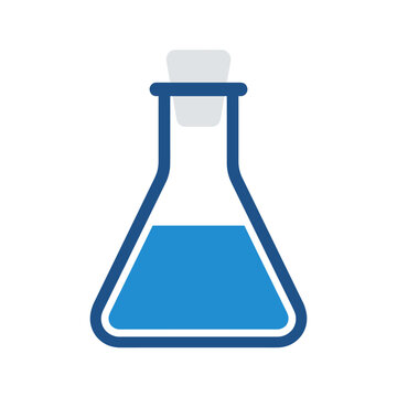Flat blue laboratory flask icon with liquid and stopper for science