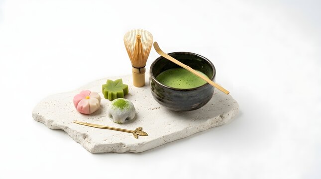 Minimalist Matcha Tea Set with Traditional Japanese Wagashi Desserts on White Textured Stone