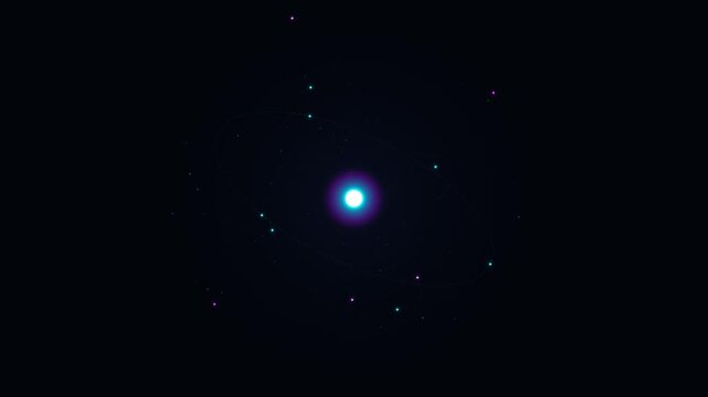Abstract Atom Model with Glowing Nucleus and Rotating Orbital Particles in Science and Quantum Physics Concept Seamless Loop