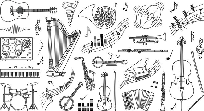 Musical instruments doodle sketch set with piano guitar violin cello drums harp saxophone and notes vector illustration collection