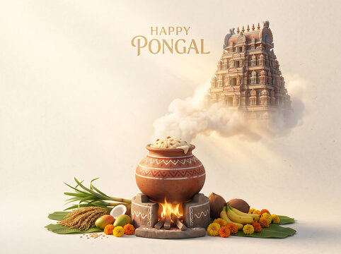 Clay pot cooking rice on a fire with temple background for pongal
