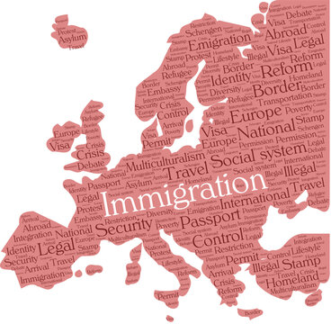 Immigration word cloud concept in a shape of Europe silhouette