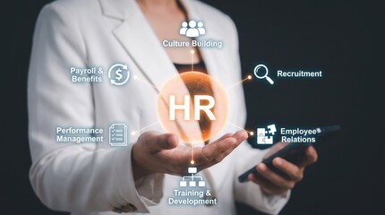 Obraz premium Human resources concept with HR icon and businesswoman, recruitment and payroll management presentation, employee relations digital overlay