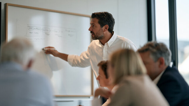A technical pre-sales consultant sketching a custom enterprise integration workflow on a whiteboard during a client discovery session, as three stakeholders from a corporate
