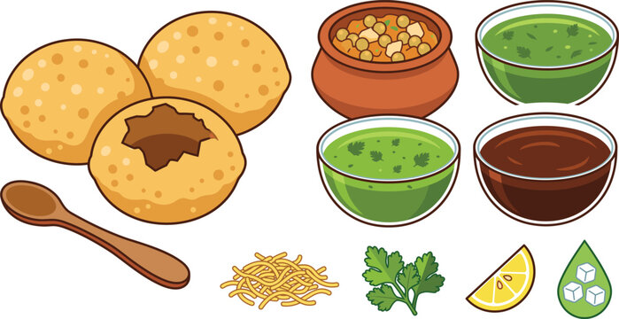 Indian street food pani puri cooking set with crispy puri shells spicy mint water potato filling tamarind chutney vector