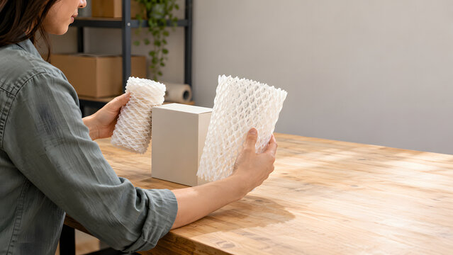 Hands comparing protective cushioning beside a plain box