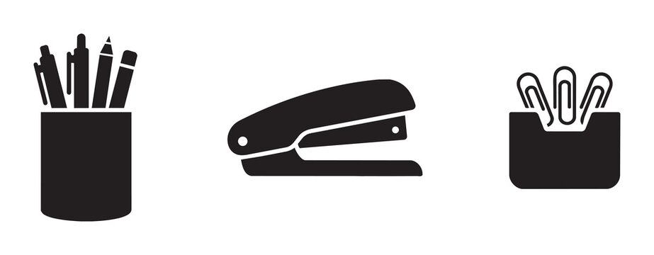 Office supplies set with pen holder, stapler and paper clips for business and work
