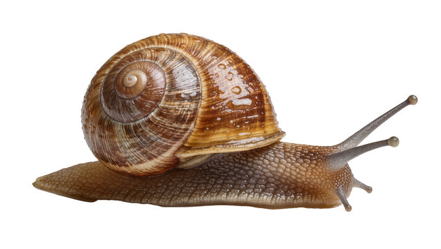 Brown spiral shell snail with textured body, isolated on transparent background