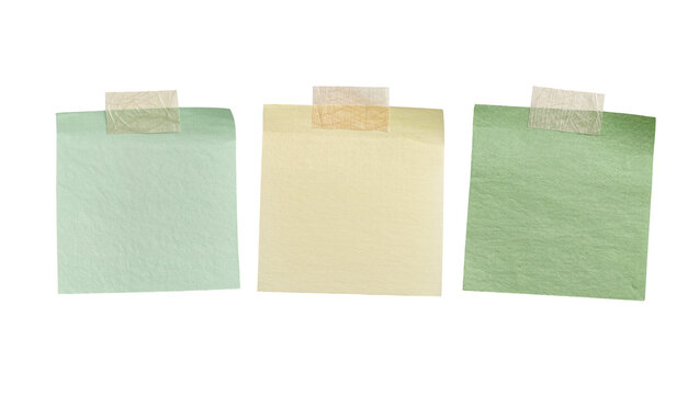 Three square sticky notes with tape, isolated on transparent background