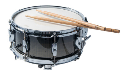 Obraz premium Black snare drum with wooden drumsticks, isolated on transparent background