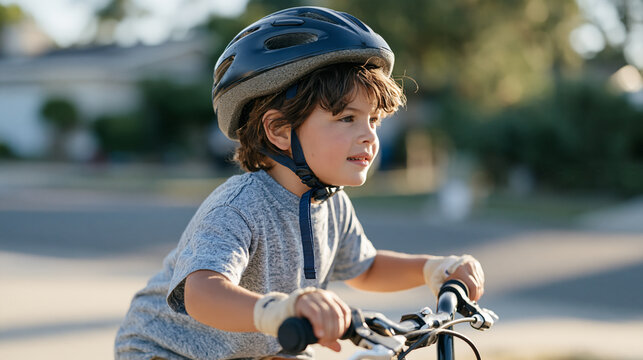 Side angle of a child gripping the handlebars of a stationary bicycle, eyes focused ahead, about to push off for the first solo ride, wrist braces visible, determined expression,