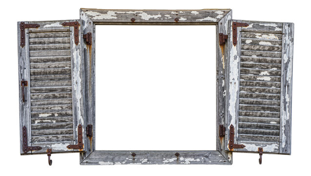 Rustic weathered wooden window frame with open shutters, isolated on transparent background