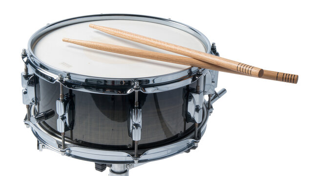 Black snare drum with wooden drumsticks, isolated on transparent background
