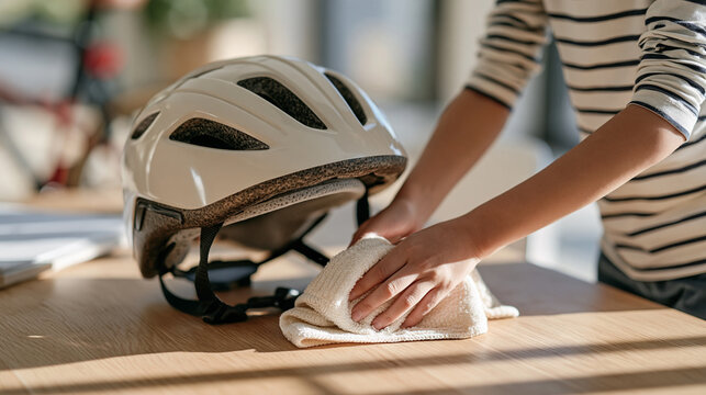 Close up of a foam helmet liner being cleaned by a parent using a damp cloth, safety maintenance, hygiene care of children's protective equipment, equipment longevity, parenting