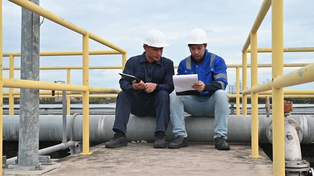 Professional Engineers Reviewing Maintenance Reports at Industrial Water Treatment Plant