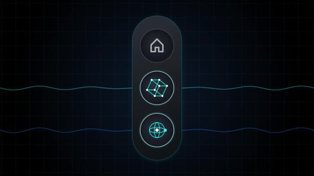 Futuristic digital interface menu with glowing icons and oscillating signal waves background.