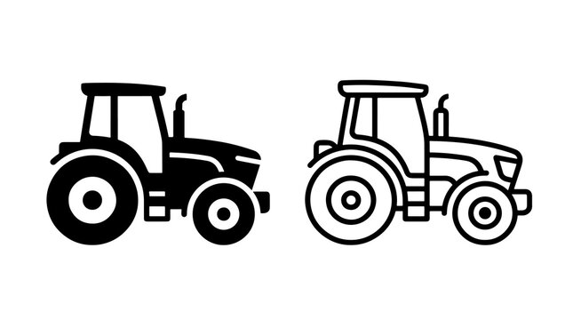 Tractor icon set featuring agricultural vehicle solid and line silhouettes