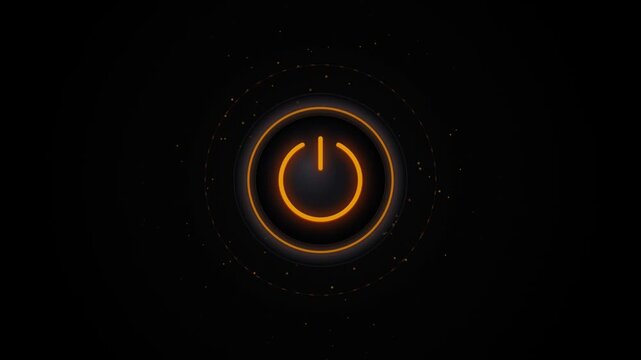 Power button with glowing orange light and dynamic particles on a black background loop.