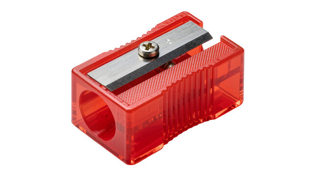 Red plastic pencil sharpener with metal blade, isolated on transparent background