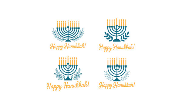 Four decorative hanukkah menorah with happy hanukkah text in blue and gold holiday