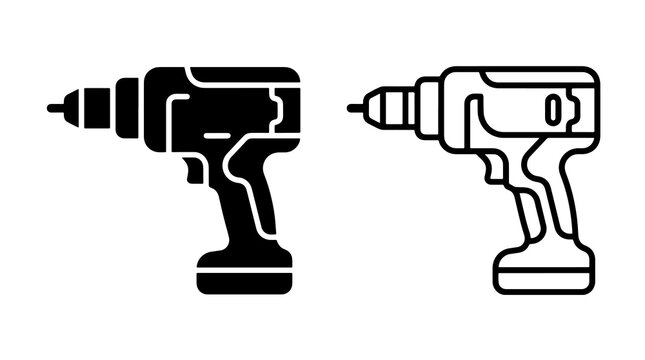 Power drill construction tool solid and outline icons on neutral surface