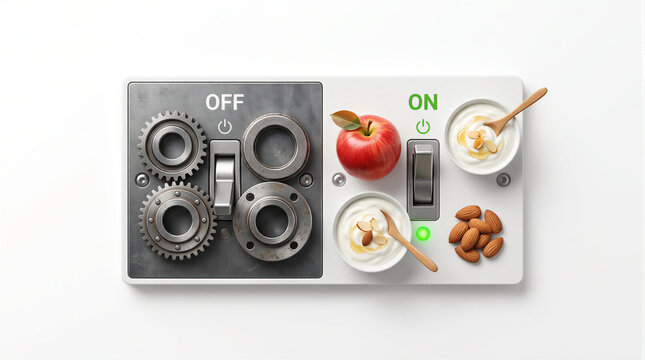 Control panel switch with ON position surrounded by healthy food like apple yogurt and almonds, healthy lifestyle decision eating diet habit change concept