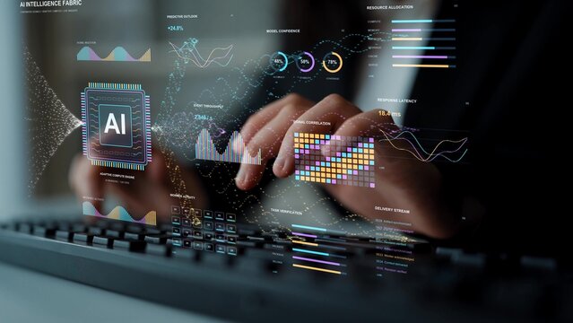 A person types on a keyboard. Forecasts, correlations and workload measurements provide complementary views of an AI system, linking analytical interpretation with computing activity.