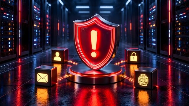 Glowing red security shield with exclamation mark alert in dark server room illustrating cyber threat vulnerability data breach warning and network firewall protection