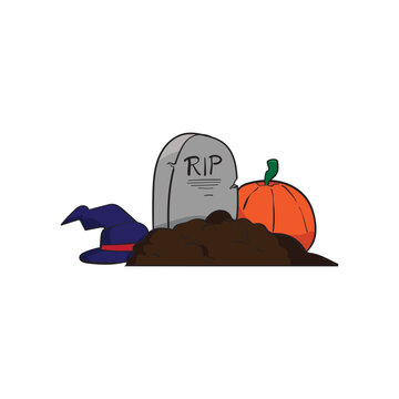 Halloween Tombstone with Pumpkin and Witch Hat Vector Isolated Element