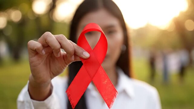 Woman holds red ribbon symbol of AIDS awareness outdoors at sunset
