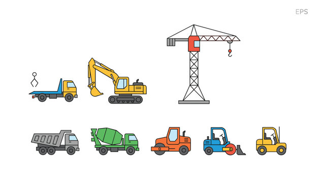 Collection of flat vector construction equipment icons including crane dump truck and excavator.