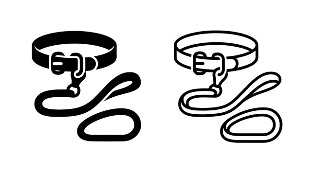 Dog collar and leash set in solid black and outline vector art style