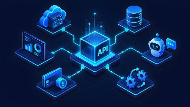 Glowing blue isometric API integration hub connecting cloud computing servers payment gateways artificial intelligence chatbots and business analytics