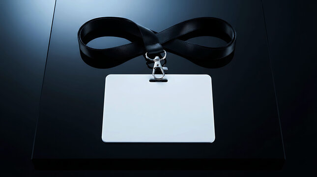 Blank ID badge with black lanyard on a dark reflective surface mock up