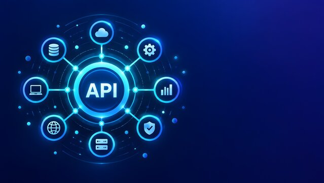 Glowing blue digital API integration network hub connecting global cloud computing servers software development tools and cybersecurity systems