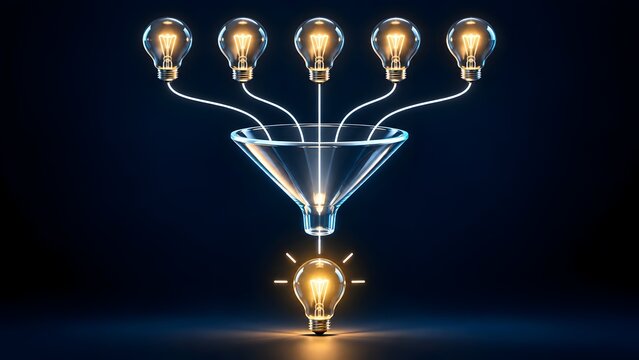 Glowing lightbulbs filtering through a glass funnel to create a single bright master idea illustrating team brainstorming innovation pipeline and creative synergy
