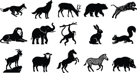 Obraz premium Collection of fifteen black animal silhouettes featuring various species like lion, elephant, monkey, bear, tiger, and deer on white