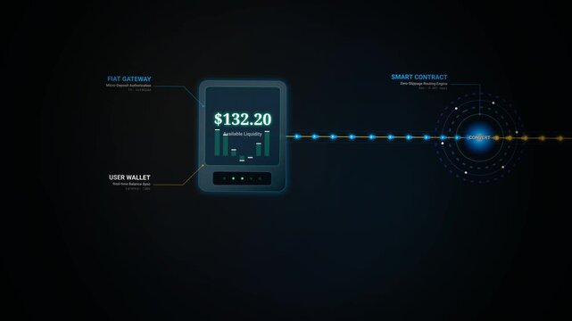 Animation of a digital gold tokenization process via blockchain, showing fiat currency from a user wallet converting into physical gold backing through a smart contract with secure cold storage