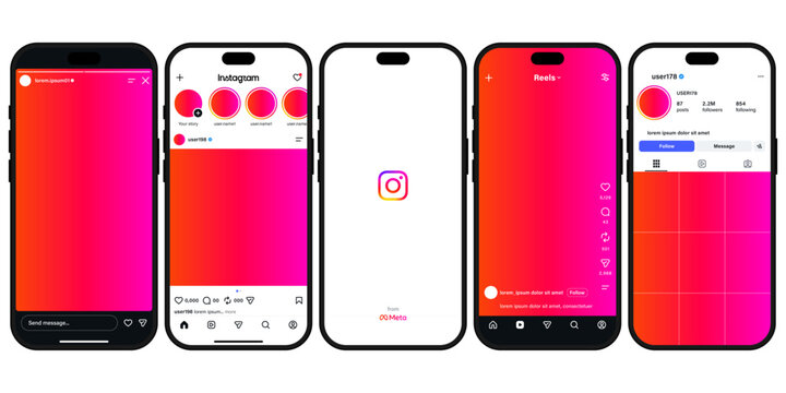instagram mockup social media post. social network interface template 2026 app screen on Iphone smartphone , new update instagram mock up , Instagram post, story, reels mockup frame. vector editorial