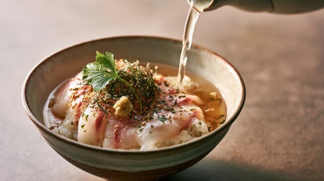 traditional japanese tai chazuke with sea bream sashimi and rice in savory broth