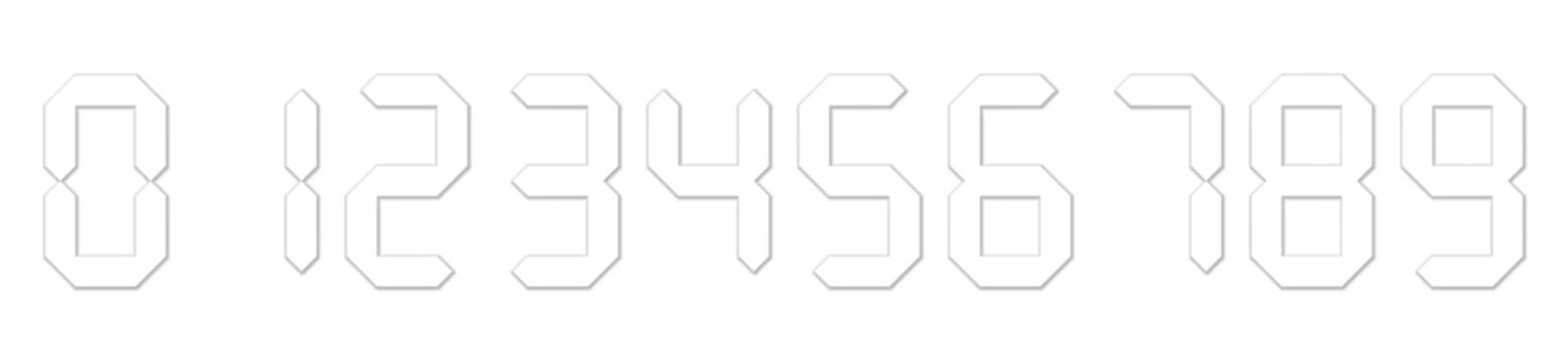 White digital numbers. Seven-segment display is used in calculators, digital clocks or electronic meters. Vector illustration with dropped shadow
